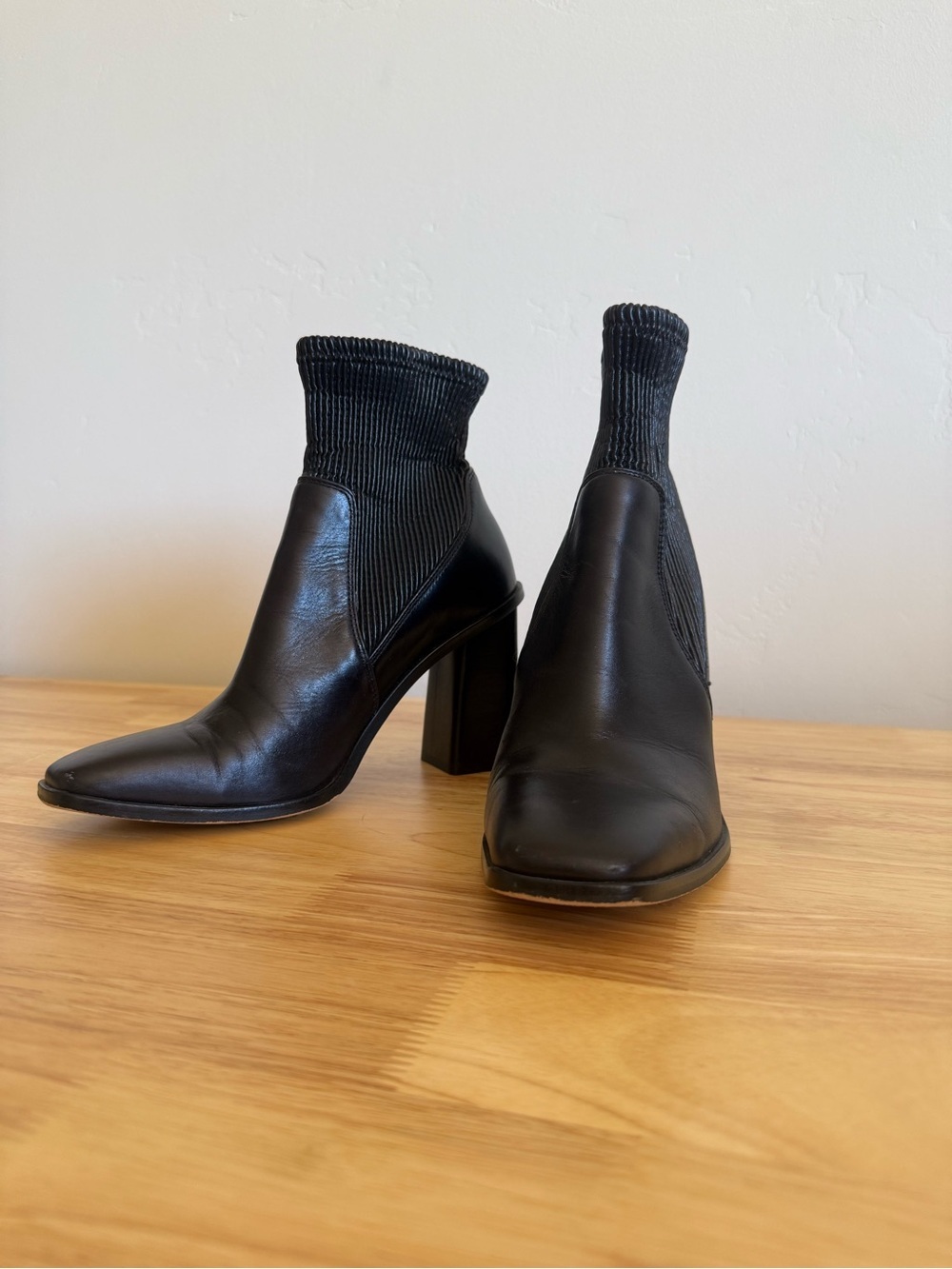 Vince Camuto Black Leather Sock Booties EU 38 Block Heel Ankle Boots